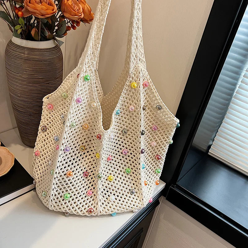Beaded Crochet Tote Bag – Large Capacity Knit Mesh Shoulder Bag
