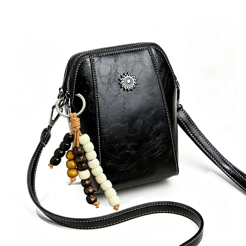 Crossbody Phone Bag – Vintage Faux Leather with Bohemian Beaded Keychain
