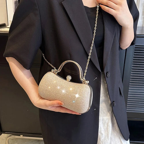 Rhinestone Evening Clutch Crystal Handle Removable Gold Chain Elegant Shoulder Purse Wedding Party