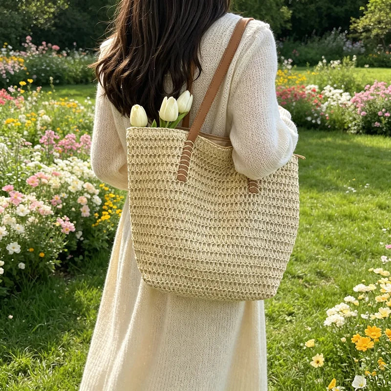 Straw Tote Bag with Leather Handles – Women's Beach Bag