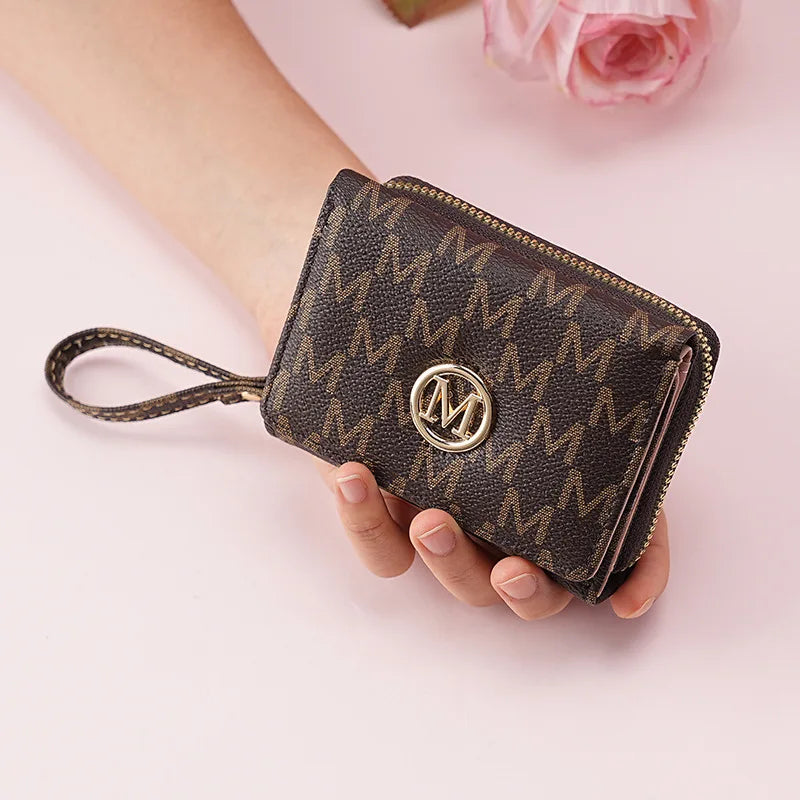 Threefold Zipper Wallet Letter Pattern Stylish Multi Color Card Holders Wrist Straps
