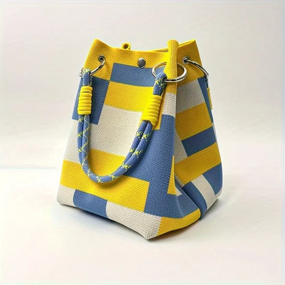 Women's Multicolor Bucket Bag – Striped Tote with Rope Handle