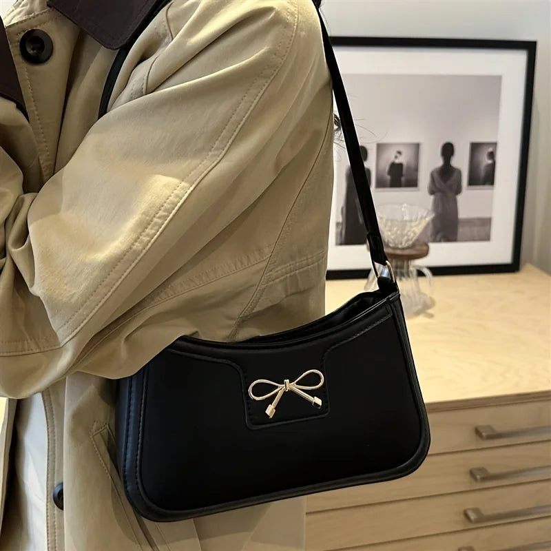 Bow Detail Shoulder Bag for Women – Chic Leather Underarm Purse