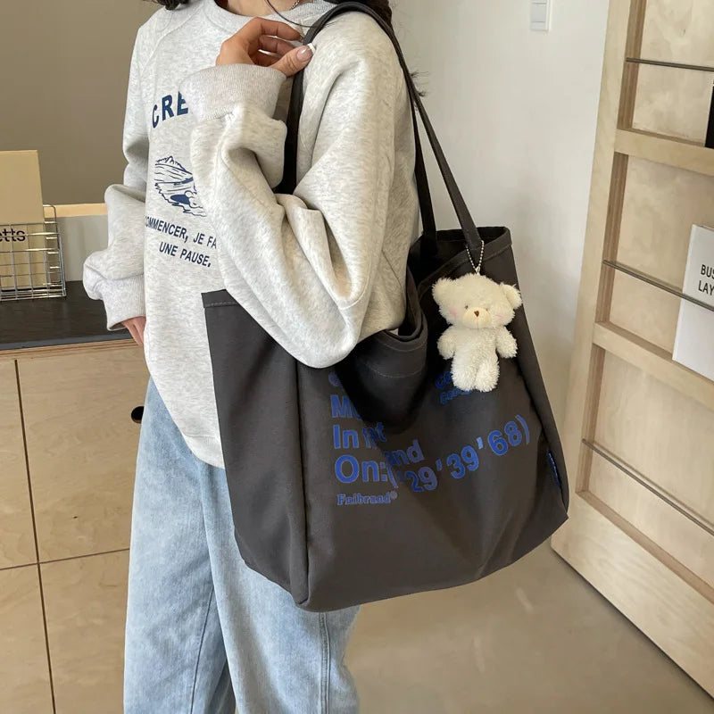 Letter Printed Canvas Shoulder Bag Women S Large Capacity Tote Bag Lazy Style Travel Bag