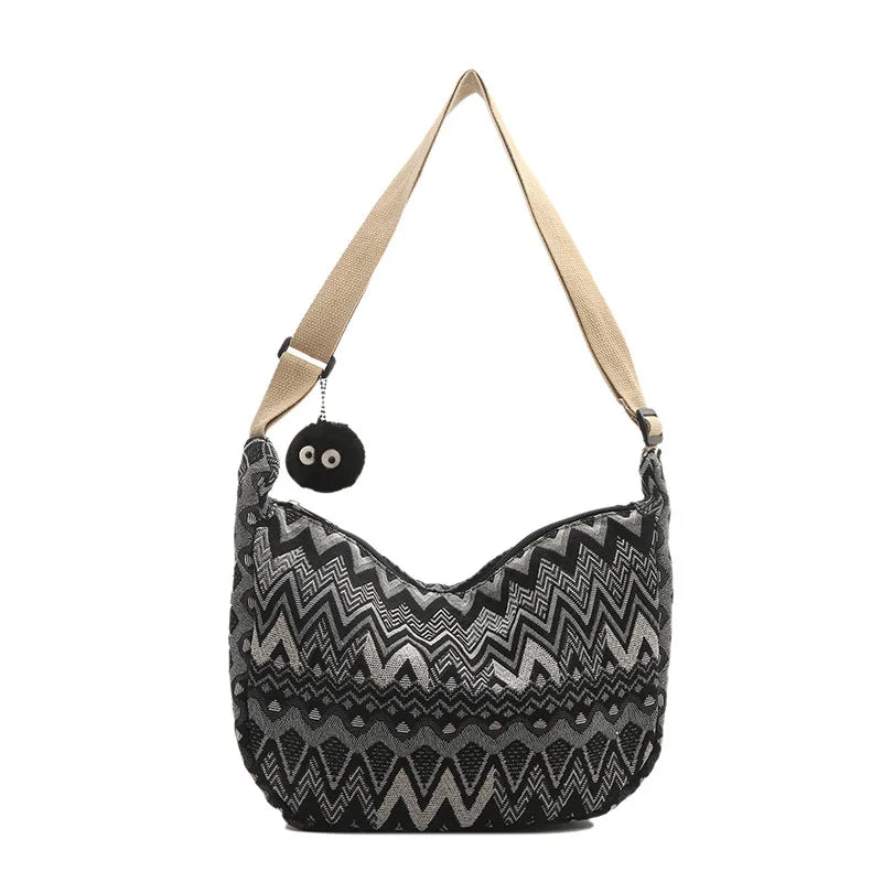 Boho Half Moon Crossbody Bag – Handwoven Colorful Pattern Shoulder Purse