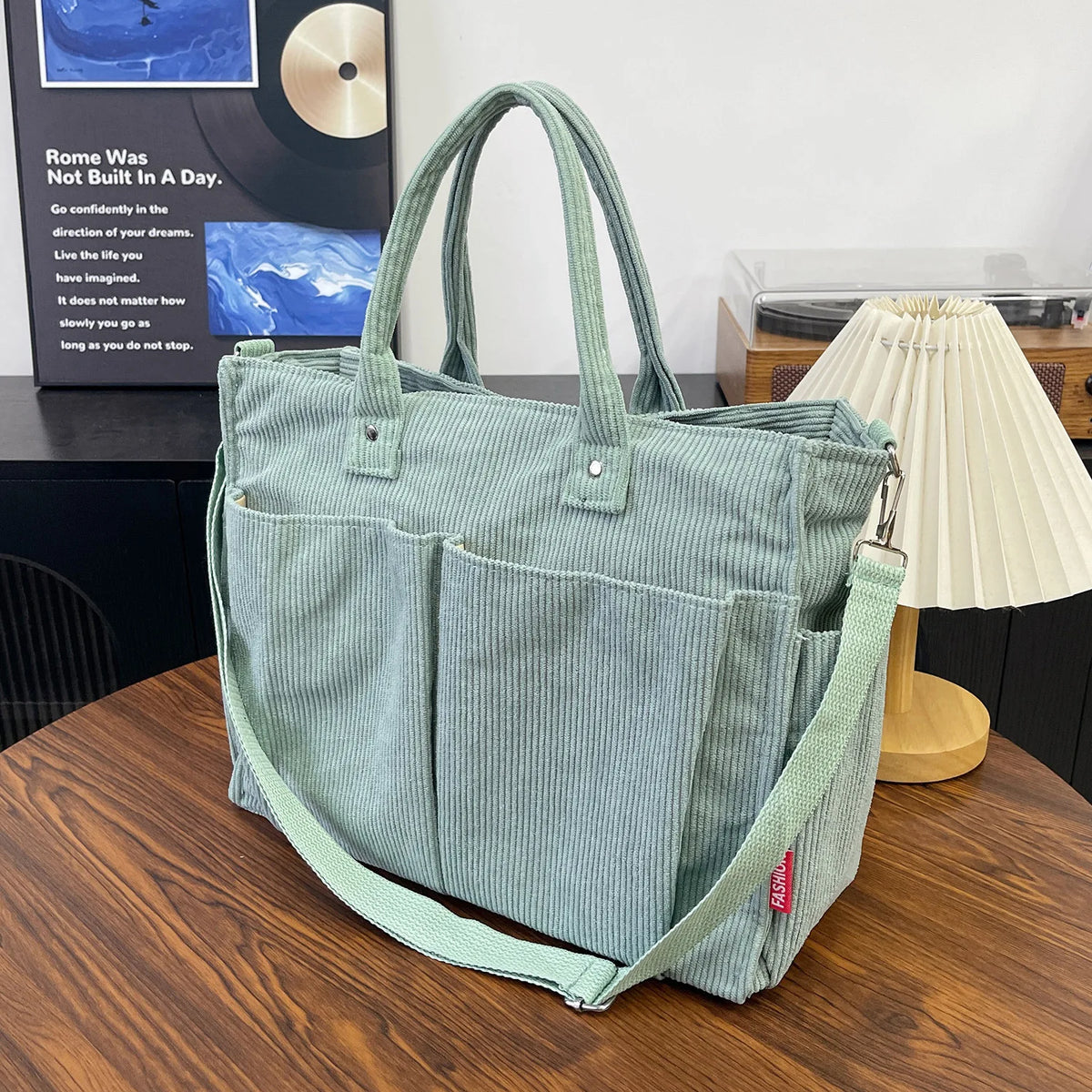 Corduroy Tote Bag – Large Shoulder Bag with Multi-Pocket