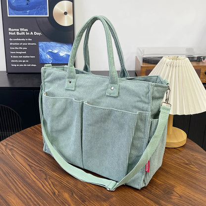 Corduroy Tote Bag – Large Shoulder Bag with Multi-Pocket
