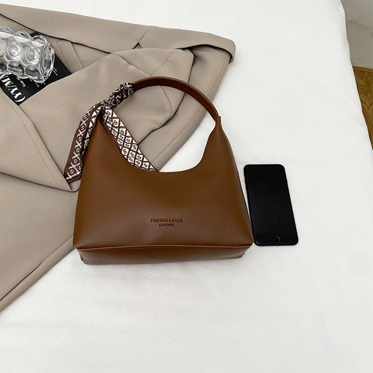Ladies Retro Handbag Letter Logo Accent Detachable Scarf Light Carry Durable Zipper Spacious Daily
