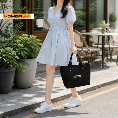 Homefish Classic Solid Canvas Tote Bag Durable Daily Shoulder Handbag Office Work Casual Carry