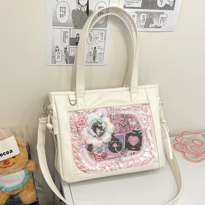 Y2k Pu Luxury Large Ita Bag Insert Women Big Clear Window Shoulder Anime Pin Display Girl Bow