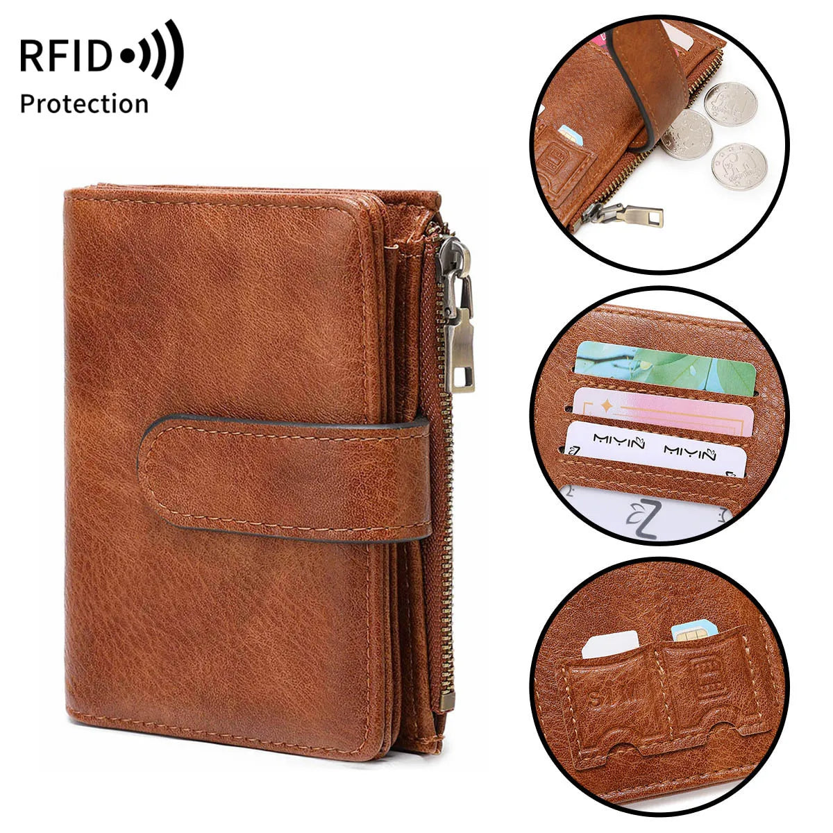 Rfid Anti-Theft Brush Women S Purse Multi-Card Simple Three-Fold Retro Short Clasp