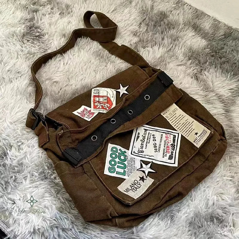 Y2K Canvas Messenger Bag – Punk Patchwork Star Crossbody Bag