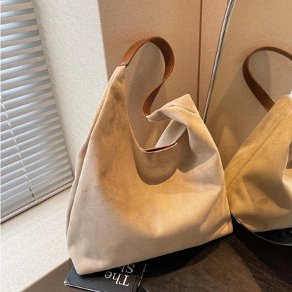Faux Suede Tote Bag with Makeup Pouch – Large Capacity Women's Shoulder Bag