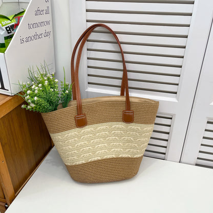 Fresh Vacation Women Shoulder Bag Woven Stripe Colorblock Straw Tote Large Capacity Breathable