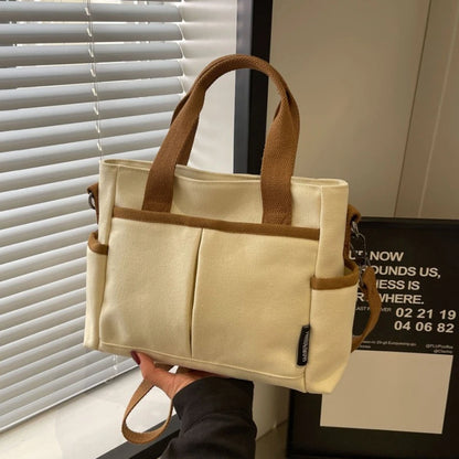 Canvas Tote Bag with Crossbody Strap & Multi-Pocket
