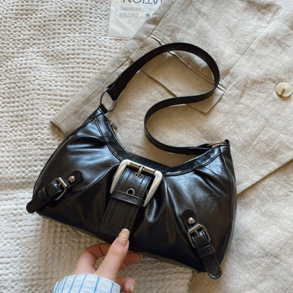 Hobo Shoulder Bag – Retro Faux Leather with Buckle Detail
