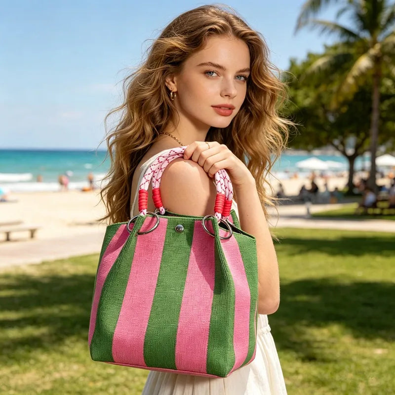 Stylish Striped Handbag Shoulder Bag Canvas Bucket Storage Tote Bags Women Casual Outings