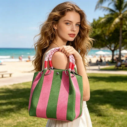 Stylish Striped Handbag Shoulder Bag Canvas Bucket Storage Tote Bags Women Casual Outings