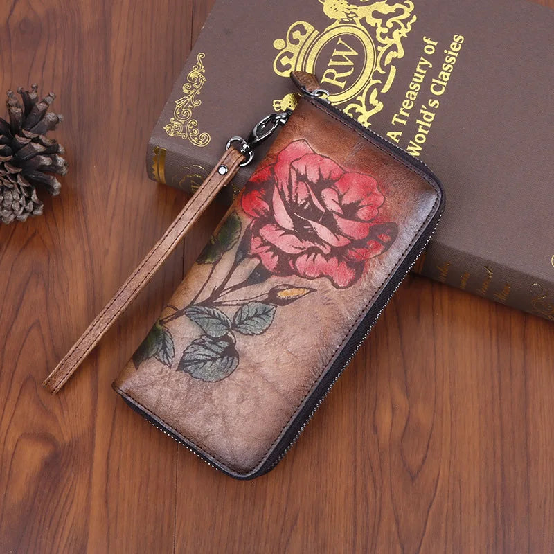 Tree Paste Leather Purse Long Zipper Print Polish Color Retro Style Ladies
