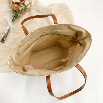 Vacation Fresh Women Shoulder Bag Stripe Woven Open Weave Tote Large Capacity Breathable Straw