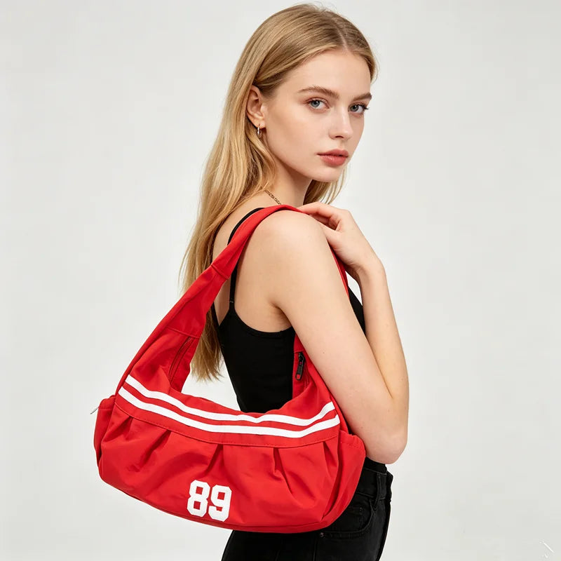 Sporty Nylon Shoulder Bag – Retro Stripe Number 89 Hobo Tote for Women