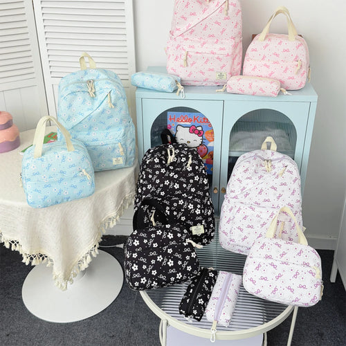 Gentle Sweet Bow Flower Printed Three Piece Backpack Set Nylon Lightweight Large Capacity Girls