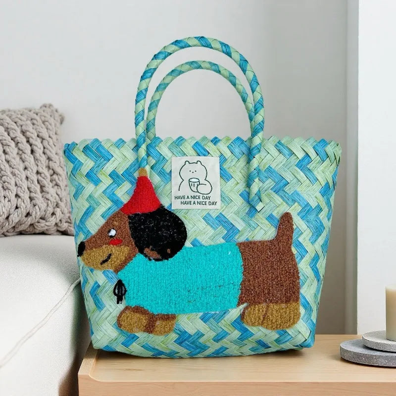 Cute Dachshund Woven Tote Bag Lightweight Striped Basket Bag Embroidered Dog Beach