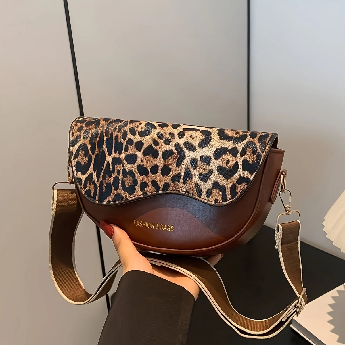 Leopard Print Crossbody Bag – Vintage Small Saddle Shoulder Bag for Women