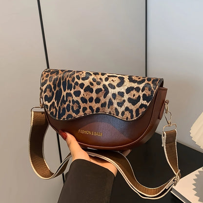 Leopard Print Crossbody Bag – Vintage Small Saddle Shoulder Bag for Women