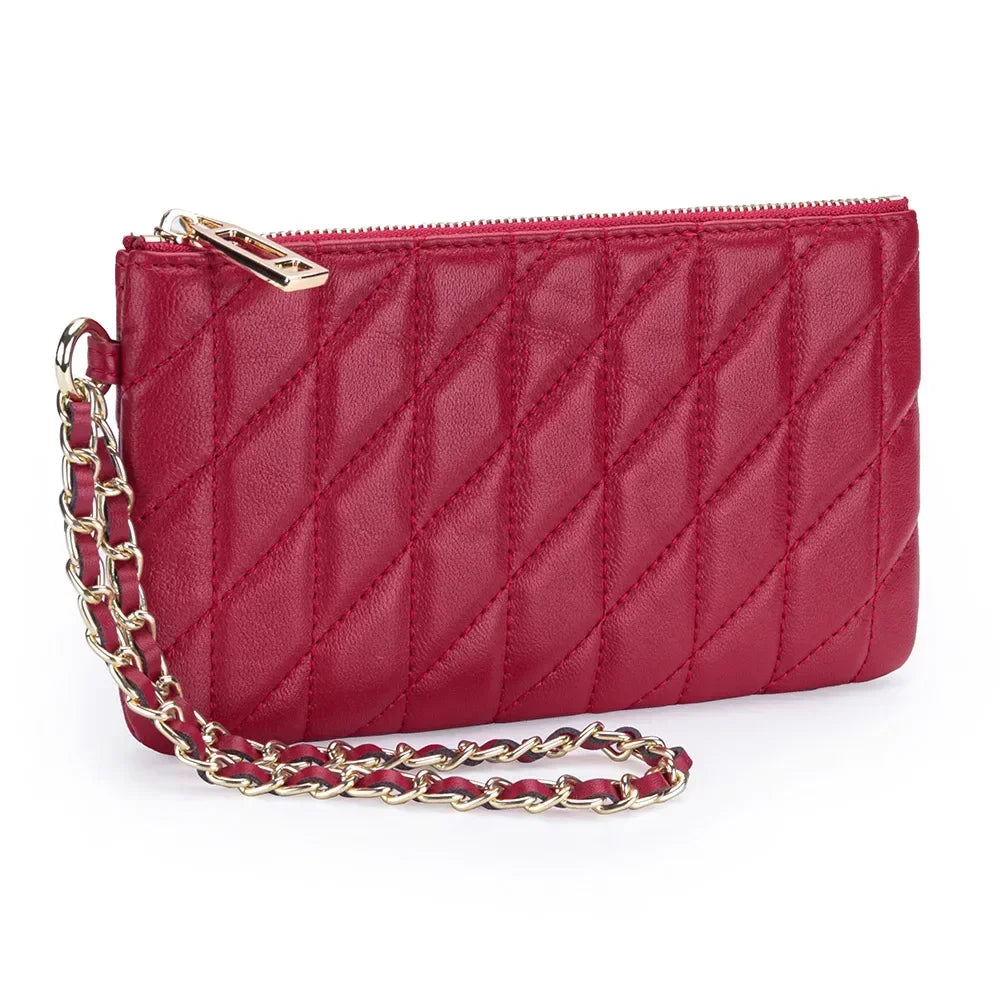 Leather Clutch Bag Women S Diamond Check Embroidered Long Wallet Multi-Functional Mobile Phone