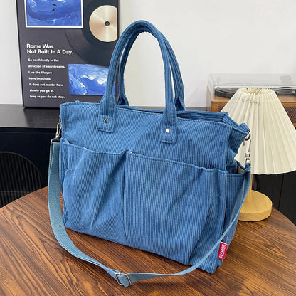 Corduroy Tote Bag – Large Shoulder Bag with Multi-Pocket