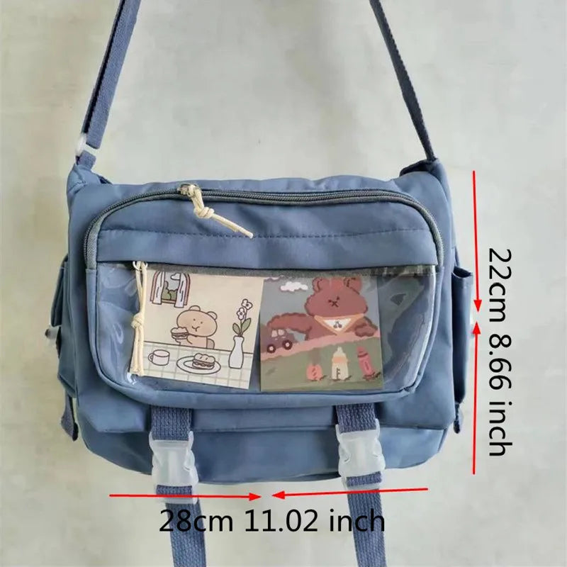 Kawaii Nylon Crossbody Bag Clear Pocket Front Shoulder Bag Student Flap Messenger Bag