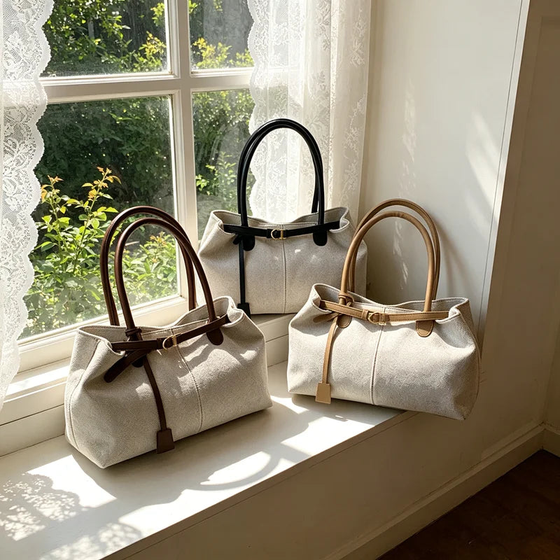 Linen Tote Bag with Leather Handles & Buckle Detail