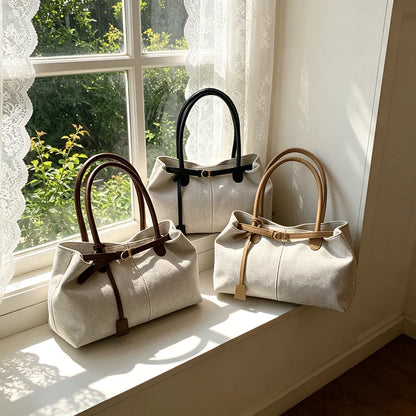 Linen Tote Bag with Leather Handles & Buckle Detail