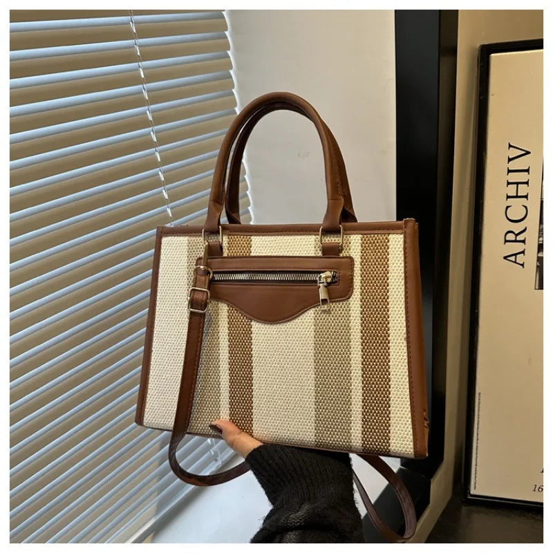 Chic Striped Canvas Tote Bag Work Weekend Every Premium Pu Leather Trim