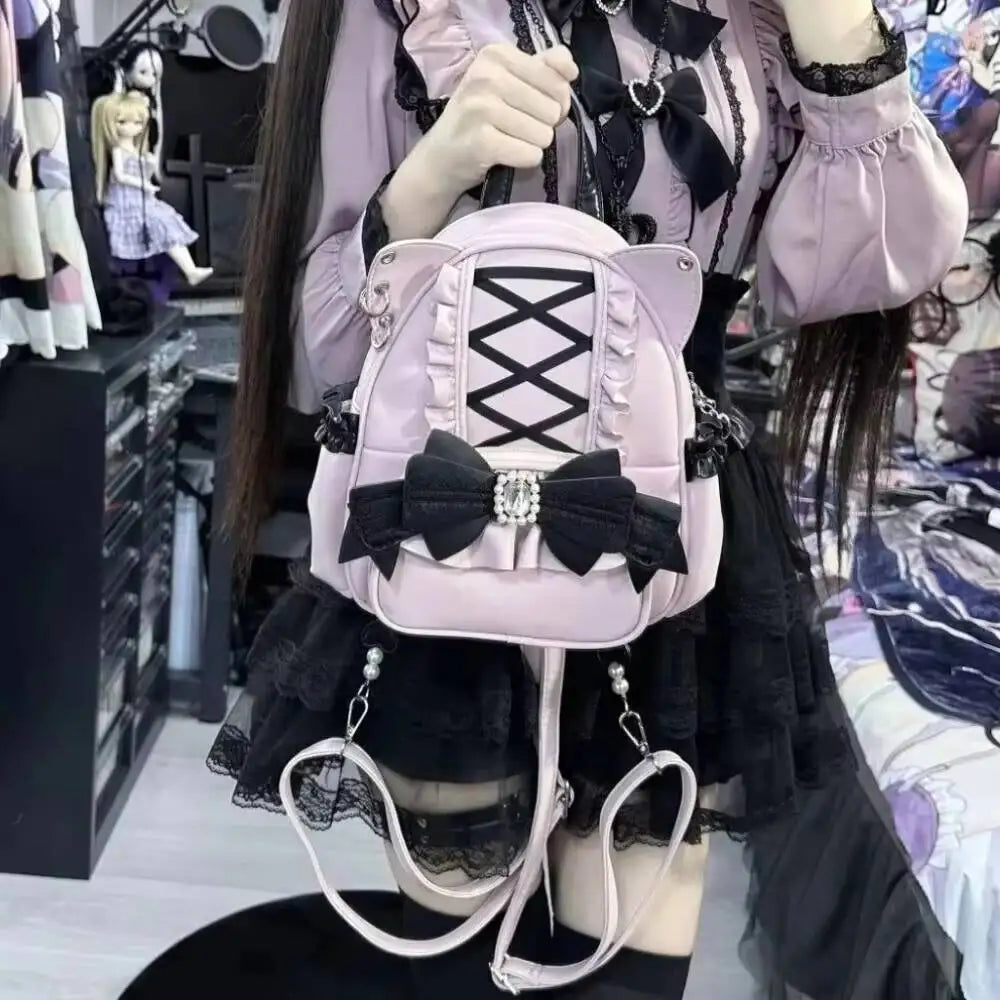 Cat Ear Backpack for Women – Lolita Lace Bow Y2K Punk Knapsack