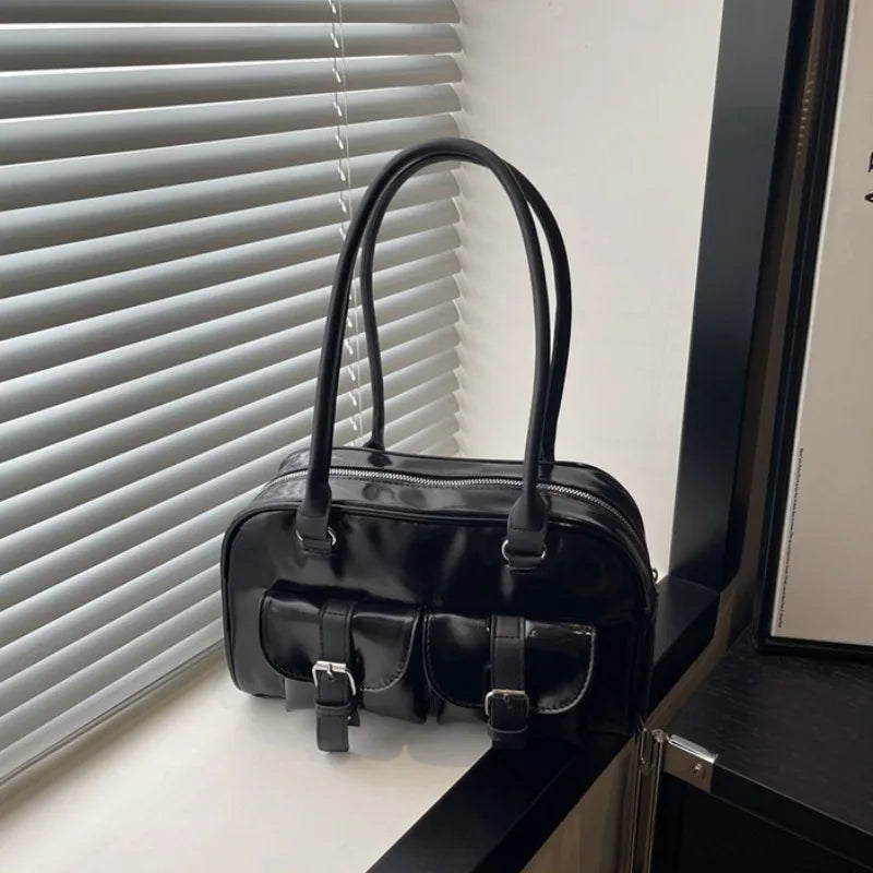 Patent Leather Tote Bag for Women – Retro Buckle Shoulder Handbag