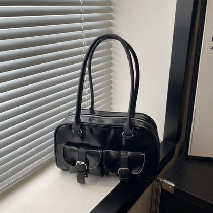 Patent Leather Tote Bag for Women – Retro Buckle Shoulder Handbag