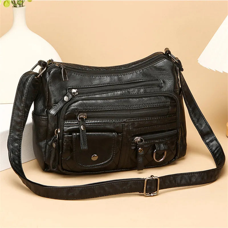 Leather Multi-Pocket Crossbody Bag Women Zipper Shoulder Bag