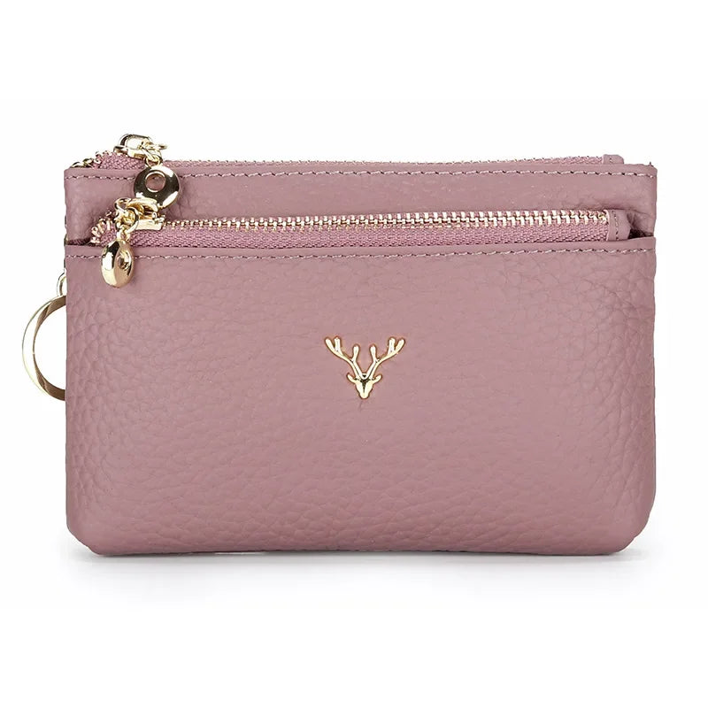 Cowhide Mini Coin Purse Multi-Function Key Bag Stylish Leather Premium Hardware Deer Head Zipper