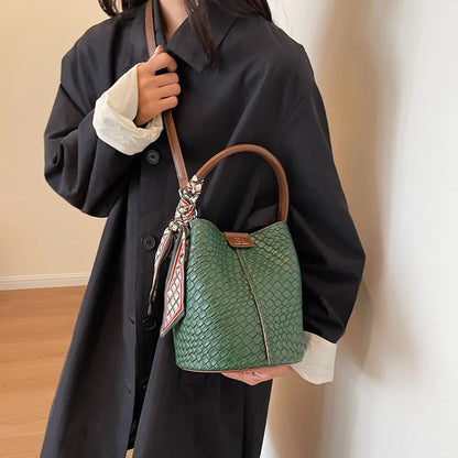 Stylish Women Bucket Tote Bag Solid Color Woven Effect Handbag Shoulder Crossbody Bag