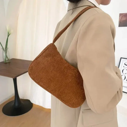 Minimalist Corduroy Versatile Bag Chain Accent Underarm Bag Zipper Closure Casual Shoulder Purse