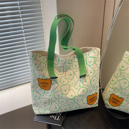 Bear Print Canvas Tote Bag – Cute Cartoon Shoulder Bag for Women