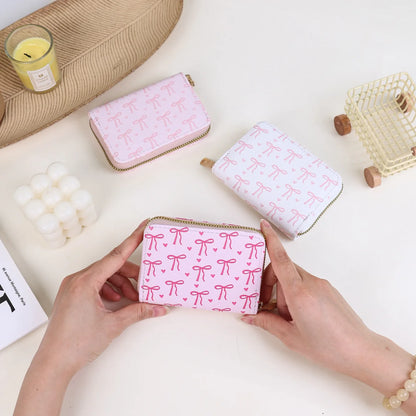 Pu Leather Ladies Card Case Cartoon Bow Sweet Mini Coin Purse Lightweight Card Case