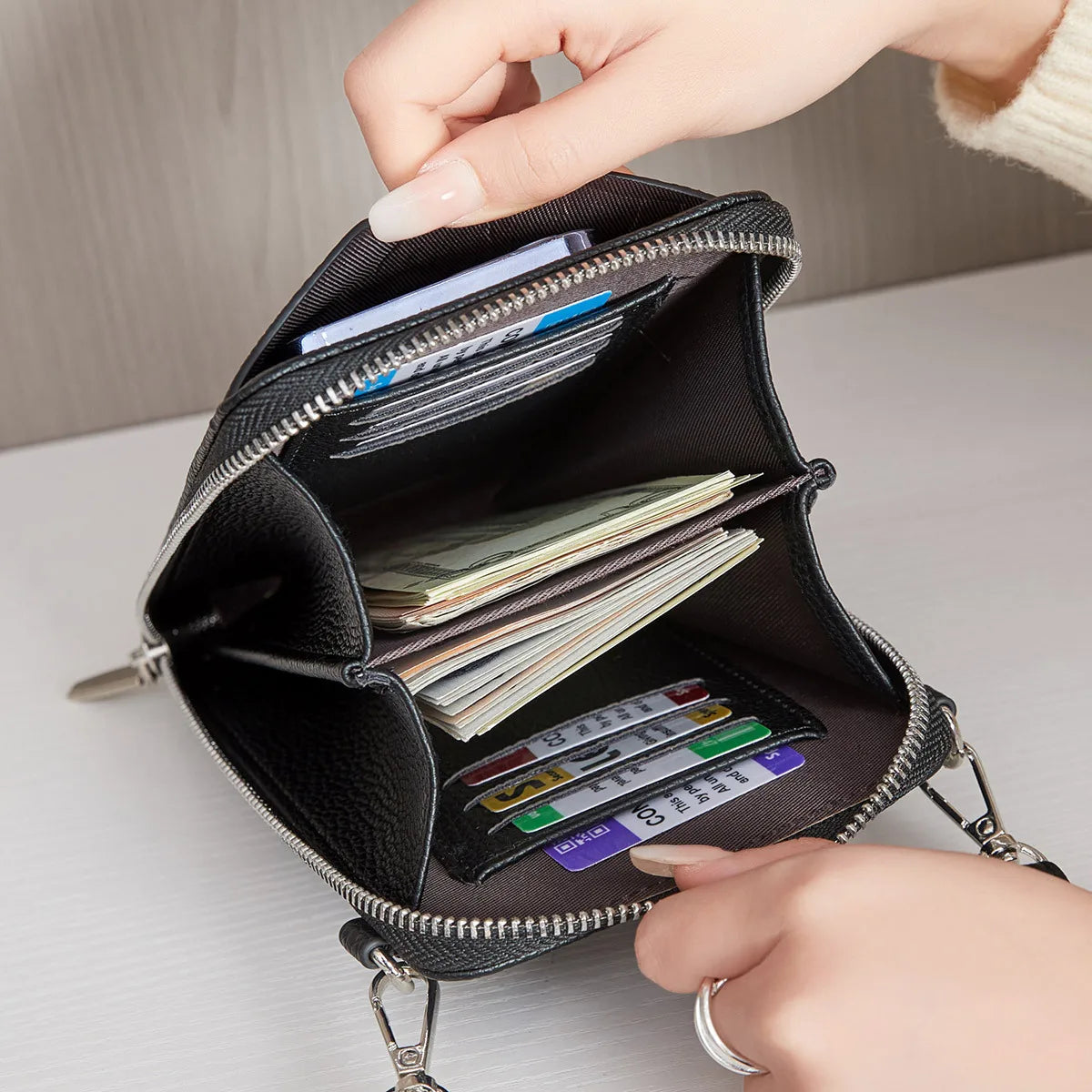 Lychee-Patterned Soft Leather Vertical Zipper Mobile Phone Bag Large-Capacity Women S