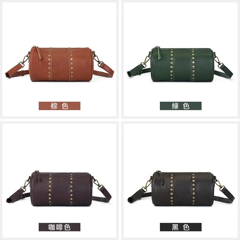 Genuine Rivet Cylinder Bag Vintage Vegetated Tanned Head Layer Cofskin One Shoulder Diagonal Span
