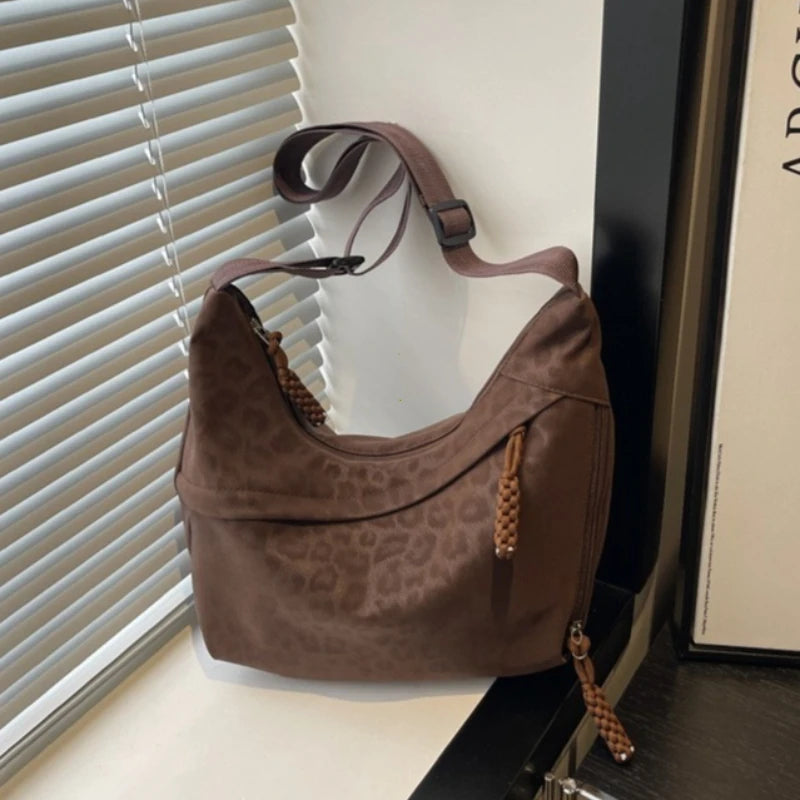 Women Leopard Print Crossbody Bag Large Capacity Hobo Shoulder Daily Commuter Multi Pocket Armpit