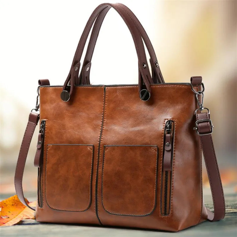 Retro Leather Tote Bag for Women with Double Pockets