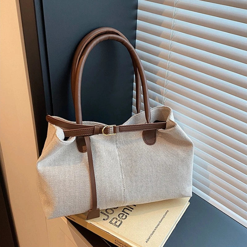 Linen Tote Bag with Leather Handles & Buckle Detail