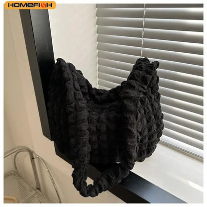 Homefish Crossbody Bag Pleated Design Embroidered Plaid Shoulder Underarm Bags Simple Large Capacity